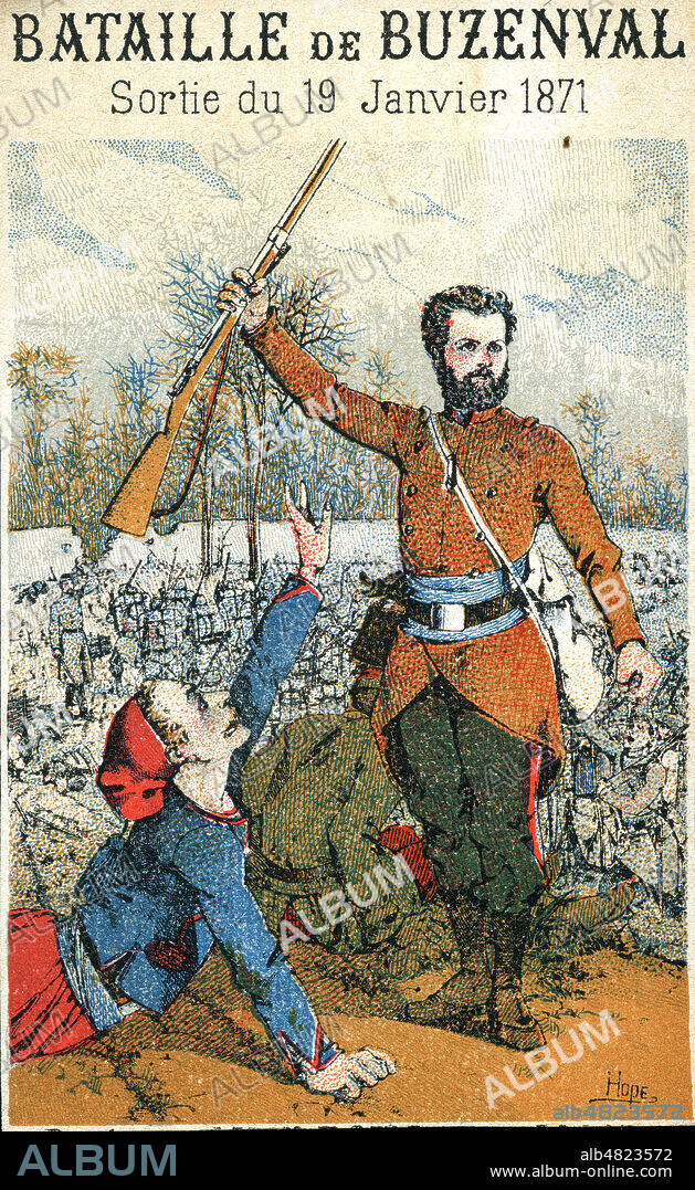 2de bataille de Buzenval 19 janvier 1871, guerre franco-prussienne,Rueil-Malmaison, Garches et Saint-Cloud, Seine-et-Oise. Les troupes assiégées dans Paris tentèrent une sortie en direction de Versailles conduites par par le général Trochu, gouverneur de Paris et président du gouvernement provisoire, pour « calmer » les Parisiens les plus bellicistes. Son échec exacerbe, au-delà de la défaite de la « République de 1870 », la division entre partisans d'une paix négociée, plutôt soutenus par la Province et l'Armée, et partisans de la « résistance à outrance », où se comptent une majorité de la Garde Nationale. Chromo fin 19eme 1900. Credit KHARBINE TAPABOR.