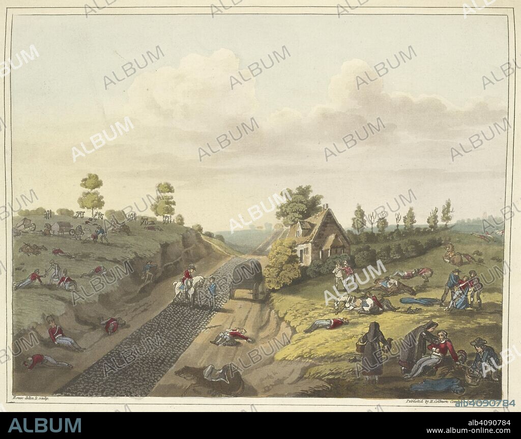 JAMES ROUSE et WILLIAM MUDFORD. 'View of the cottage of Valette, with the road on the left leading to Frischermont'. A number of dead British soldiers on the ground, and wounded being attended to. An Historical Account of the Campaign in the Netherlands, in 1815, under His Grace the Duke of Wellington, and Marshal Prince Blucher, comprising the battles of Ligny, Quatrebras, and Waterloo; with a detailed narrative of the political events connected with those memorable conflicts down to the surrender of Paris, and the departure of Bonaparte for St. Helena ... Embellished with ... plates ... from drawings ... by James Rouse. London : Henry Colburn, 1817. Source: 193.e.9 Plate X - I.
