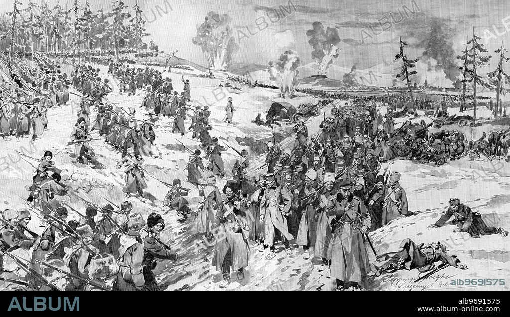 Fall of Przemysl. A facsmile sketch by H C Seppings - Wright who was present. The last moments of the siege of Przemysl - captured Austrians, after their final ill-fated sortie past Russian troops advancing on Przemysl. 1915.