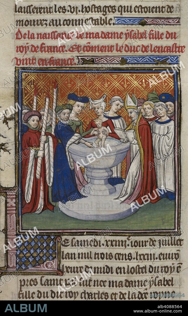 Baptism of French King's child. Chroniques de France ou de St. Denis. End of 14th century. (Miniature only) Baptism of Isabella, daughter of King Charles V of France.  Image taken from Chroniques de France ou de St. Denis.  Originally published/produced in End of 14th century. . Source: Royal 20 C. VII, f.190v. Language: French.