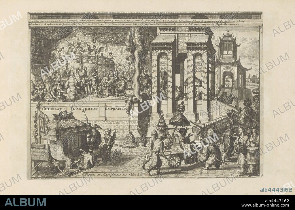 Reception Ceremony with the Chinese Chinese Gasteries and Pracht / Festins and Magnificence des Chinois (title on object) Les Indes Orientales and Occidentals and autres lieux (series title), Reception ceremony with the Chinese. A Chinese guest is taken to a destination in a junk or sailing ship and is transported further in a litter. Music players take care of the reception. Top left a banquet and a theater performance. With a legend in Dutch and French. The print is part of an album, visiting, receiving guests, elegant company, (carrying a person in a) sedan chair, Chinese, celebration meal, feast, banquet, China, Romeyn de Hooghe, Leiden, 1682 - 1733, paper, etching, h 216 mm × w 304 mm.