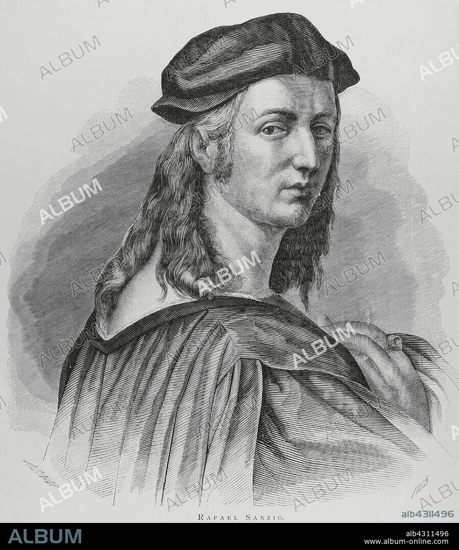 MARCELO PARÍS (C. 1846-1901). 19TH-CENTURY SPANISH ENGRAVER.. Rafael Sanzio (1483-1520). Artista italiano del Renacimiento. Retrato. Grabado por Marcelo París. La Ilustración Española y Americana, 1883.