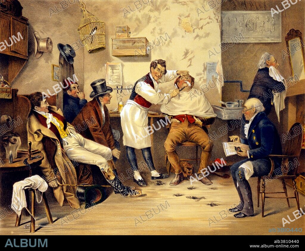 Entitled: "Ye old way" shows seven men in barbershop, one is getting a shave. A barber is a person whose occupation is mainly to cut, dress, groom, style and shave men's and boys' hair. A barber's place of work is known as a barber shop or a barber's. Barber shops are also places of social interaction and public discourse. Published by George H. Walker & Company, 1885.