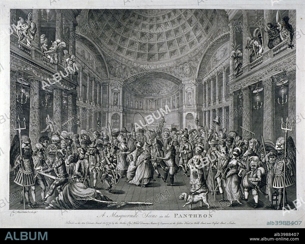 Scene of a masquerade at the Pantheon, Oxford Street, Westminster, London, 1773. Designed by James Wyatt, the Pantheon was a place of public entertainment that opened in 1772.