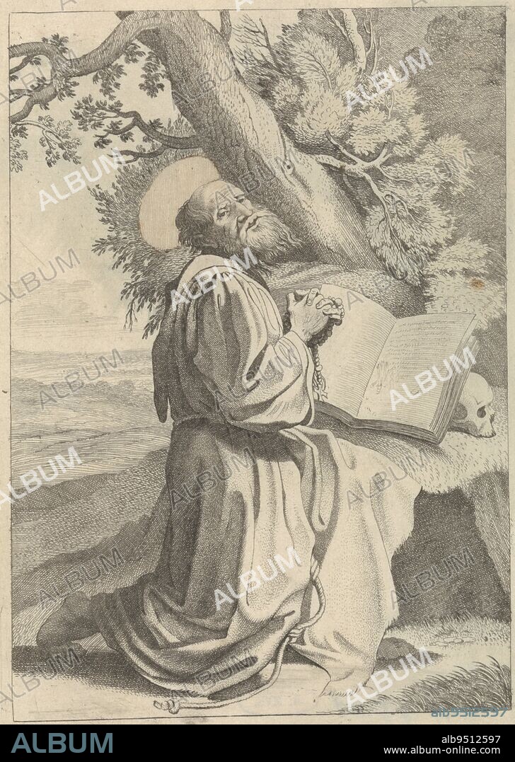 St. Francis, kneeling with folded hands in a landscape, before him an open book resting on a skull., St. Francis, print maker: Jan van de Velde (II), (mentioned on object), Willem Pietersz. Buytewech, (mentioned on object), publisher: Frederik de Wit, (mentioned on object), Amsterdam, 1630 - 1690, paper, etching, engraving, h 195 mm × w 126 mm.