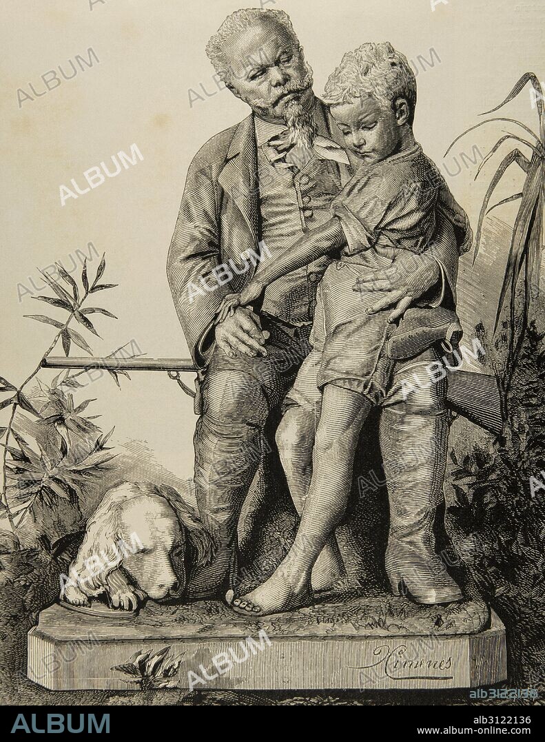 Víctor Manuel I (1759-1824). Duque de Saboya, Piamonte, y Aosta, y Rey de Cerdeña desde 1802 hasta 1821. "El corazón de un Rey, grupo escultórico por Ximenes". Grabado por Centenari. La Ilustración Artística, 1884.