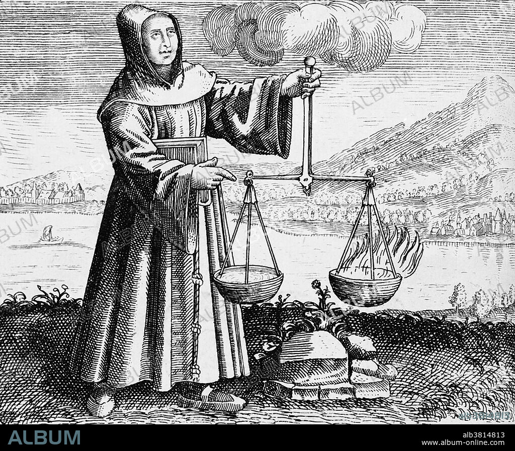 Engraving from 'Symbola aureae' (1617) by Michael Maier, showing Roger Bacon conducting an experiment. Roger Bacon (1214-1294) was an English philosopher and Franciscan friar who placed considerable emphasis on the study of nature through empirical methods. He became a master at Oxford, lecturing on Aristotle. Between 1237 and 1245, he began lecturing at the University of Paris. In 1256 he became a friar in the Franciscan Order, and no longer held a teaching post. After 1260, his activities were restricted by a Franciscan statute prohibiting friars from publishing books or pamphlets without prior approval. He circumvented this through his acquaintance with Cardinal Guy le Gros de Foulques, who became Pope Clement IV in 1265. Clement IV issued a mandate ordering Bacon to write to him concerning the place of philosophy within theology. Bacon sent the Pope his Opus Majus. Some time between 1277 and 1279, Bacon was imprisoned or placed under house arrest for his excessive credulity in alchemy and for his harsh regard for the other innovators of his time. He is believed to have died in 1294.