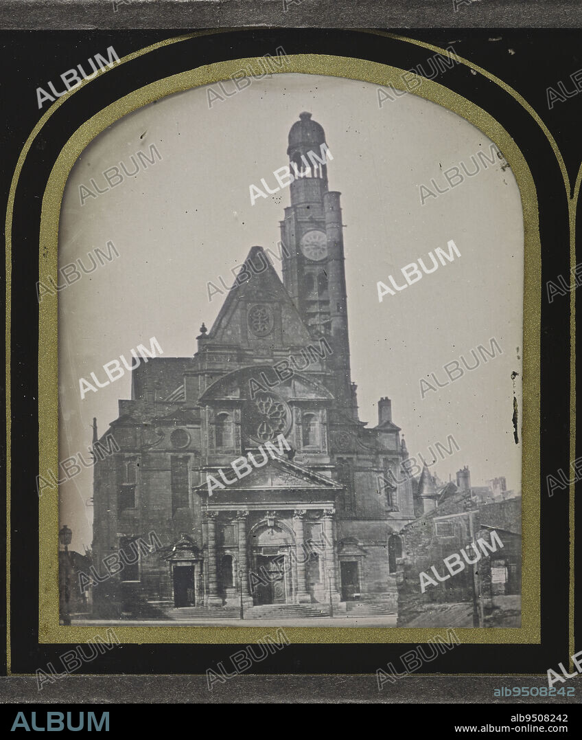 Facade of the Saint-Etienne-du-Mont church, place Sainte-Geneviève, 5th arrondissement, Paris, Duboscq, Louis Jules, Photographer, Soleil, Jean-Baptiste François, Photographer, Between 1850 and 1855, Photography, Vue stéréoscopique, Daguerréotype, Dimensions - Work: Height: 6.5 cm, Width: 5.4 cm, Dimensions - Sous-verre: Height: 8.3 cm, Width: 17.4 cm, Thickness: 0.2 cm.