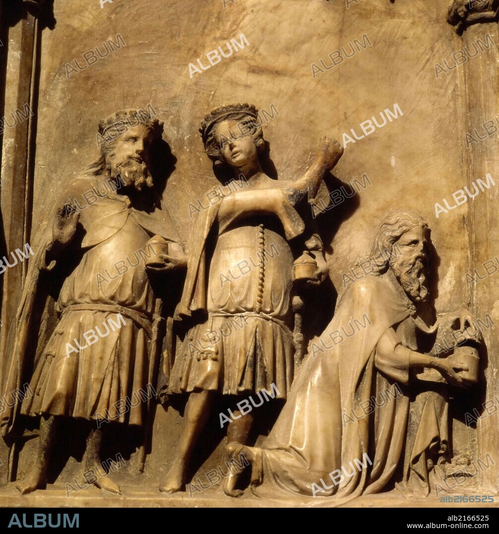 JAIME CASCALLS. Retablo de Virgen. Detalle Adoración Reyes, Epifanía. Obra de Jaume Cascalls.