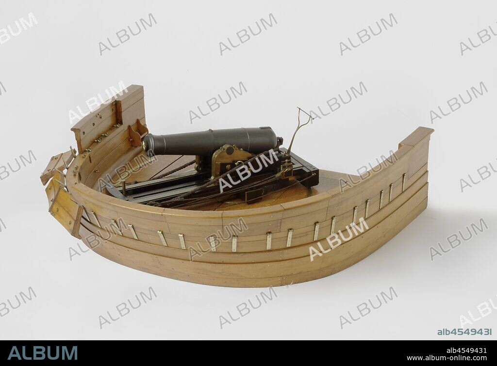 Model of an 80-Pounder Shell Pivot Gun on a Ship Deck, Model of an 80-pound bomb cannon on a rotating sleigh, painted black, on a groundboard that represents the aft deck of a radar ship. The wooden barrel is 55 cm long, has a caliber of 44 mm and fittings for a visor at the trumpet and at the tapes, zundgat with final elevation, grape as a breaking ring. The upper carriage, which is slightly narrower towards the front, has two cheeks with three steps, the upper parts of which are made of solid brass. The cheeks are connected by a sloping calf, a crossbar in the middle and the ashes, the soleplate lies on the crossbar and the rear axle body. The axle struts do not have wheels, but glide over the brass-lined supports of the lower carriage. Small wheels are fitted to the front of the cheeks, on which, however, the top carriage does not rest until the jack with wheels has been raised at the rear. Brackets are provided around the ends of the rear axle body which grip around an outstanding edge of the supports of the lower carriage: these brackets secure the upper carriage to the lower carriage, but can also be tightened, so that they act as a friction brake. The lower carriage consists of two longitudinal supports over which the upper carriage glides, and a longitudinal support in the middle with a slot for the swirl bolt and brass rails for the wheels of the jack, the three shelves are connected by three cross beams, all of which have rollers in the corners. The ground board, which represents the aft deck of a radar ship with elliptical fence, has a border of trap gates. There is a large turning circle in the deck, but the piece can also turn around two points in the sides. Scale 1: 5 (derived)., Rijkswerf Vlissingen, Flushing, 1839, wood (plant material), iron (metal), brass (alloy), rope, paint (coating), h 37.5 cm × w 152 cm × d 123 cm × c 44 mm.