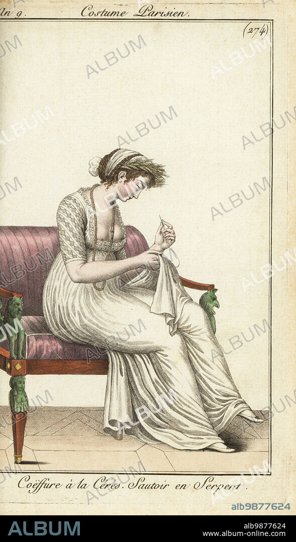Fashionable woman or Merveilleuse embroidering, 1800. She wears the Ceres hairstyle decorated with corn, a longs necklace over a low-cut decollete dress. Coeffure a la Ceres. Sautoir en Serpent.Handcoloured copperplate engraving from Pierre de la Mesangeres Journal des Modes et Dames, Paris, 1800. The illustrations in volume 4 were by Carle Vernet, Bosio, Dutailly and Philibert Louis Debucourt.