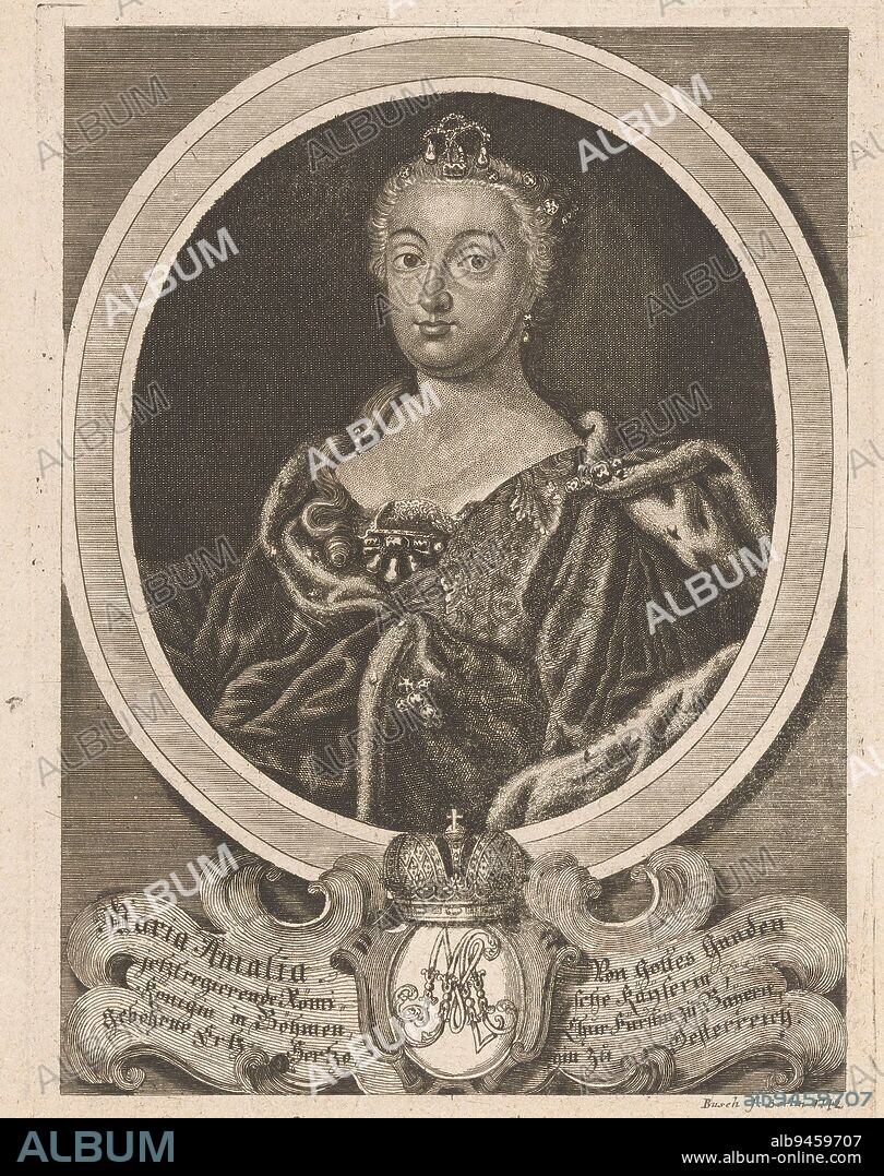 Portrait of Maria Amalia of Austria, print maker: Georg Paul Busch, (mentioned on object), Berlin, 1742, paper, etching, h 241 mm × w 181 mm.