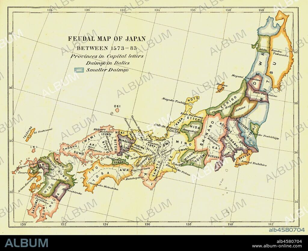 Feudal Map of Japan between 1573 -83', (1903). The feudal period of Japanese  history was a time when powerful families (daimyo) and  military warlords (shogun) ruled Japan. The Azuchi-Momoyama period began in 1568 with political unification of warlords Toyotomi Hideyoshi and Oda Nobunaga and ended in 1600 following the Battle of Sekigahara. From 'A History of Japan during the century of early foreign intercourse' (1542-1651) by James Murdoch, M.A. and Isoh Yamagata. [Kobe, Japan, 1903].
