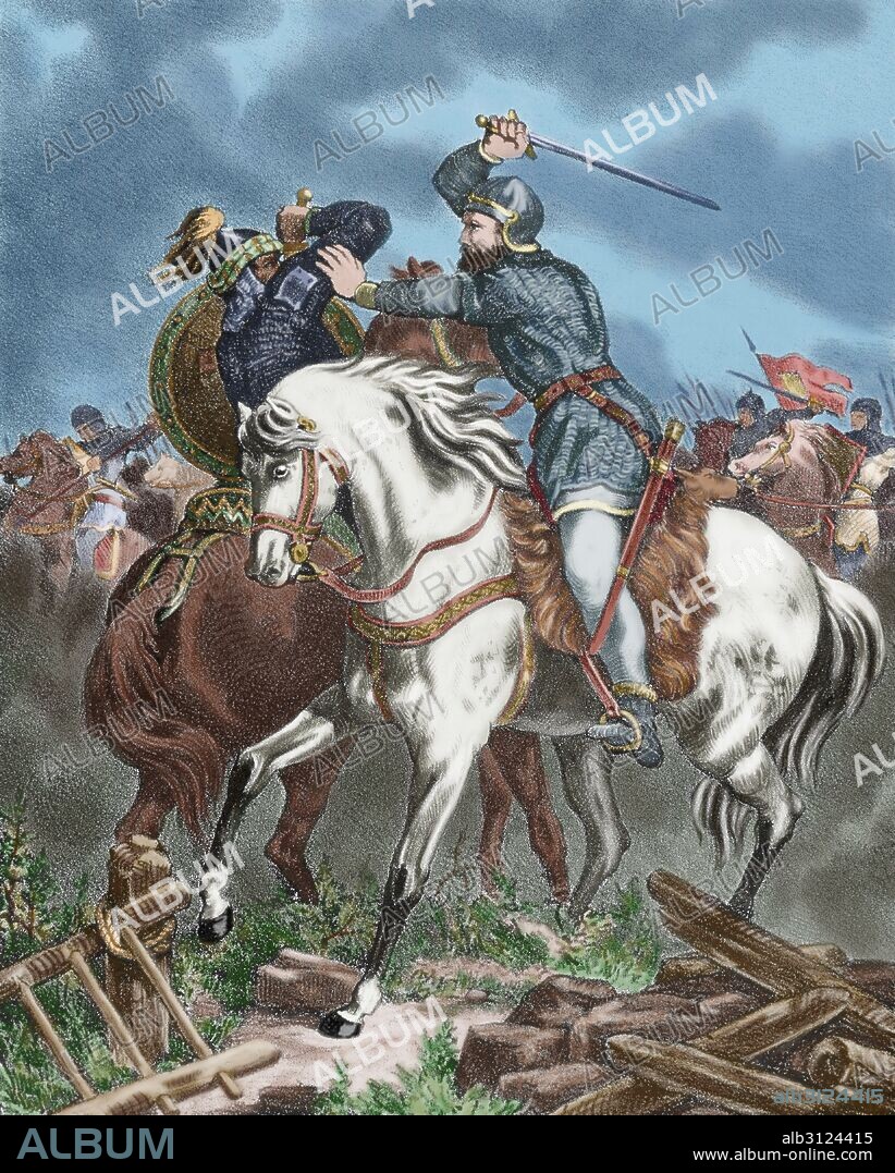 "BATALLA DE SAGRAJAS o ZALACA" (23 octubre 1086). Encuentro armado donde se enfrentaron los ejércitos de YUSUF B TASFIN, jefe de los almorávides, y de Alfonso VI de Castilla y León el cual fue derrotado por Yusuf y sus coaligados. Grabado de "Historia de España", del siglo XIX. Coloreado.