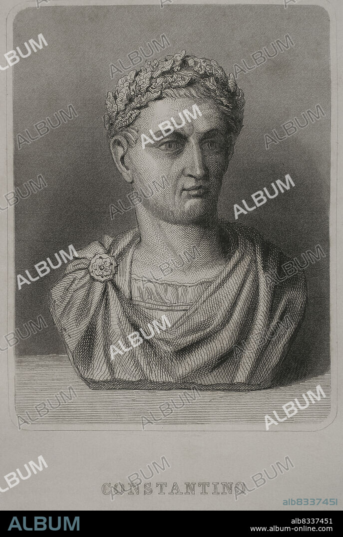 Constantino I el Grande (Cayo Flavio Valerio Constantino) (h. 272 - 337). Emperador romano (306-337). Retrato. Grabado. Historia Universal, por César Cantú. Tomo II, 1854.