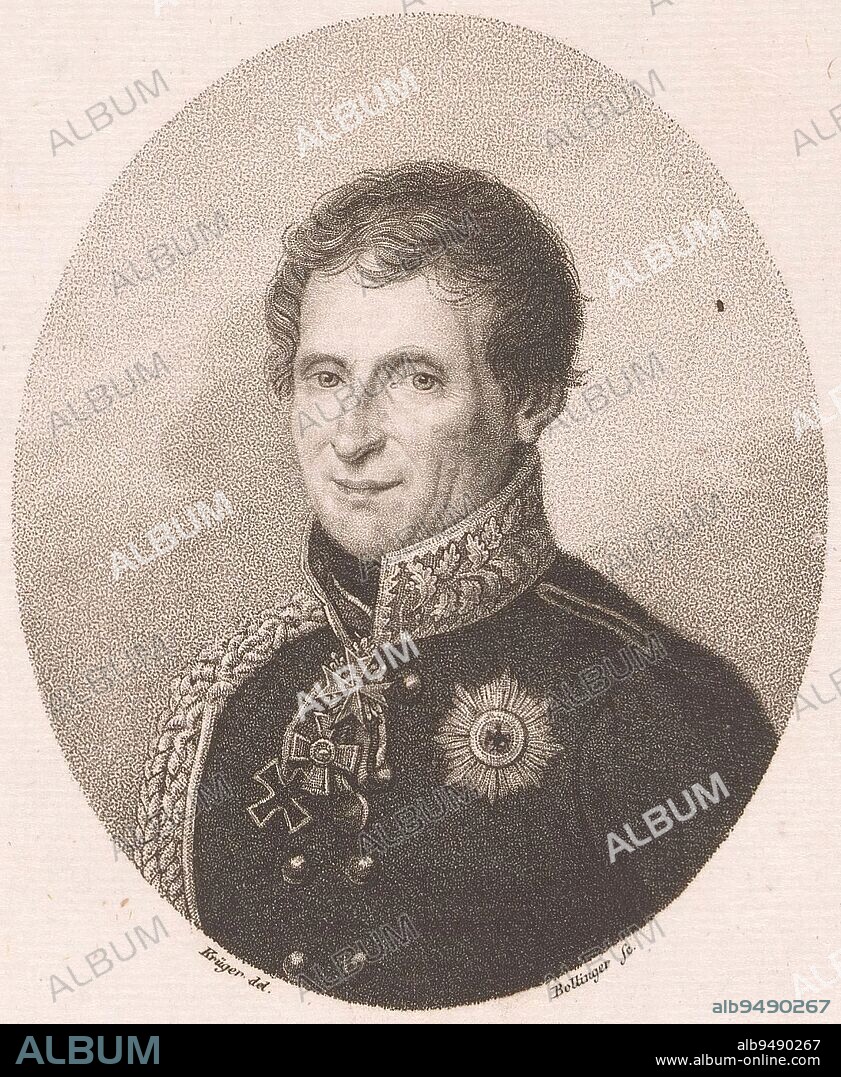 Portrait of Carl Friedrich Heinrich, Graf von Wylich und Lottum, Friedrich Wilhelm Bollinger, after Arthur F. Krüger, after Franz Krüger, 1817 - 1825, print maker: Friedrich Wilhelm Bollinger, (mentioned on object), intermediary draughtsman: Krüger, (mentioned on object), intermediary draughtsman: Franz Krüger, (possibly), Berlin, 1817 - 1825, paper, h 185 mm - w 123 mm.