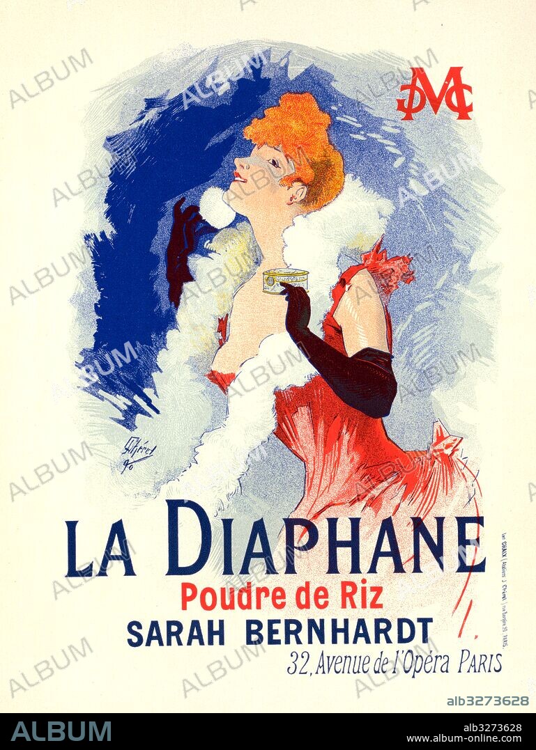 Poster for la Poudre de Riz la Diaphane. face-powder; sarah Bernhardt, Chéret, Jules (1836-1932), French painter and lithographer who became a master of Belle Époque poster art. He has been called the father of the modern poster.