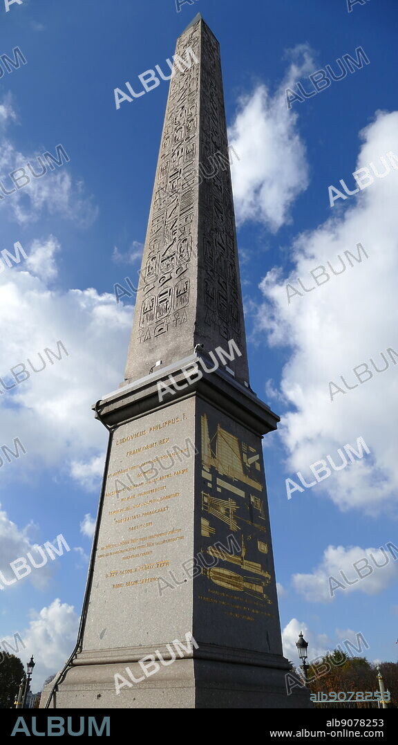 At the center of the Place de la Concorde, Paris is a giant Egyptian obelisk decorated with hieroglyphics exalting the reign of the pharaoh Ramses II. It is one of two the Egyptian government gave to the French in the 19th century. The obelisk once marked the entrance to the Luxor Temple. The self-declared Khedive of Egypt, Muhammad Ali Pasha, offered the 3,300-year-old Luxor Obelisk to France in 1829. It arrived in Paris on 21 December 1833. Three years later, on 25 October 1836, King Louis Philippe had it placed in the center of Place de la Concorde.