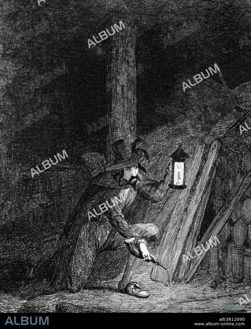 Guy Fawkes (April 13, 1570 - January 31, 1606), AKA Guido Fawkes, interrogated, prior to his trial, by James I and his council in the king's bedchamber at Whitehall. Guido Fawkes was the name he adopted while fighting the Eighty Years' War on the side of Catholic Spain against Protestant Dutch reformers. In 1605 Fawkes was introduced to Robert Catesby, who planned to assassinate King James I and restore a Catholic monarch to the throne. The plotters secured the lease to an undercroft beneath the House of Lords, and Fawkes was placed in charge of the gunpowder they stockpiled there. Prompted by the receipt of an anonymous letter, the authorities searched Westminster Palace and found Fawkes guarding the explosives. He was questioned, tortured and eventually he broke. Before his execution on January 31st, 1606, Fawkes jumped from the scaffold where he was to be hanged and broke his neck, thus avoiding the agony of the mutilation that followed.