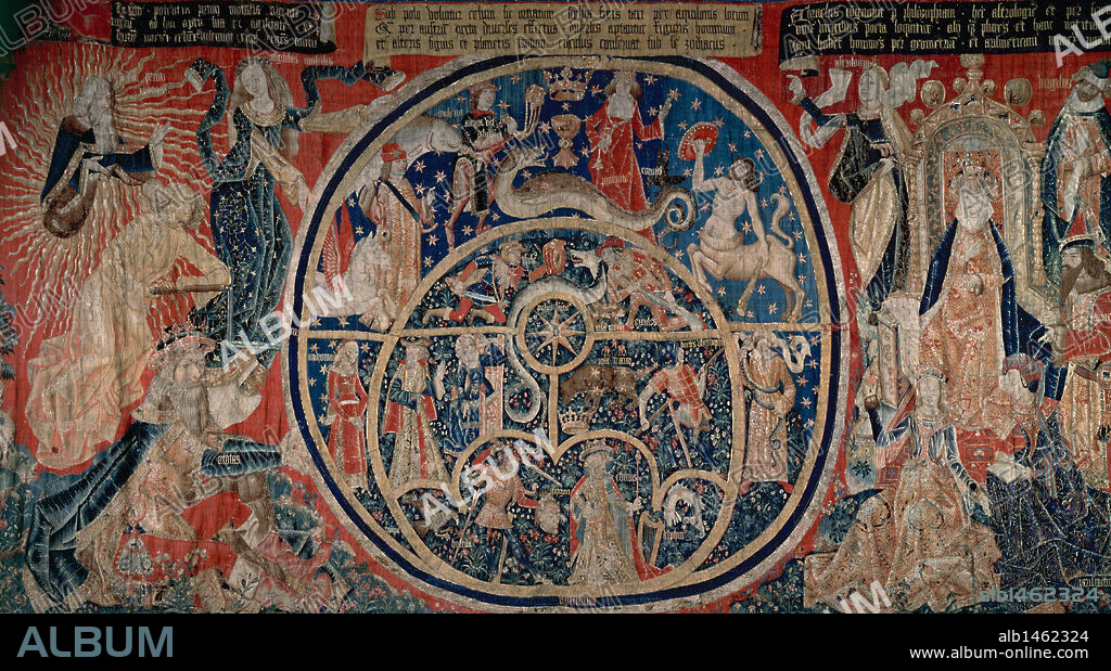 Tapestry of the Astrolabes. 15th century. Flemish tapestry depicting, on the left, God the Creator. In the center, the Vault of Heaven like an astrolabe with Pole Star and the different constellations and two mythological heroes. On the right, enthroned Philosophy, Arithmetic, Geometry and Astronomy, the poet Virgil and the astronomer Hipparchus. From the Toledo Cathedral. Museum of the Holy Cross. Toledo. Castile-La Mancha. Spain.
