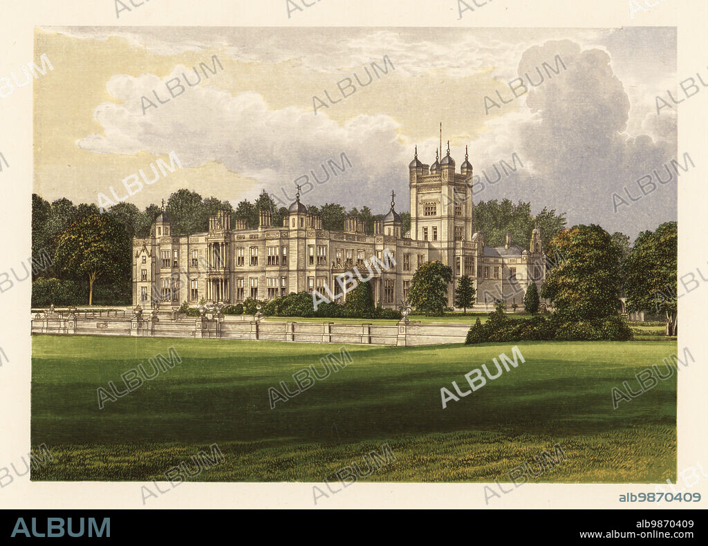 Underley Hall, Cumbria, England. Jacobean-style manor designed by architect George Webster built in 1825 for Alexander Nowell, with additional wing designed by Edward Graham Paley and Hubert Austin for Thomas Taylour, MP, in 1874. Colour woodblock by Benjamin Fawcett in the Baxter process of an illustration by Alexander Francis Lydon from Reverend Francis Orpen Morriss Picturesque Views of the Seats of Noblemen and Gentlemen of Great Britain and Ireland, William Mackenzie, London, 1880.