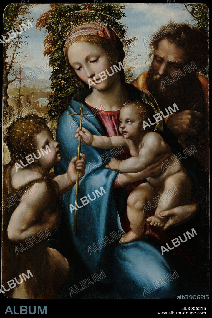 GIOVANNI ANTONIO BAZZI KNOWN AS "SODOMA". Holy Family with Young Saint John. Date/Period: 1525 - 1527. Painting. Oil on panel. Height: 70 mm (2.75 in); Width: 47 mm (1.85 in).