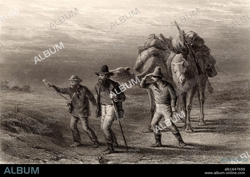 Burke and Wills Expedition to explore the interior of Australia (1860-1861). Robert O'Hara Burke (1820-1861) and William John Wills (1834-1861) with John A King (1838-1872), another member of the expedition returning to their depot at Coopers Creek, Queensland.  Burke and Wills died of starvation, while King was found by friendly natives and cared for until a rescue party arrived. Engraving c1880.