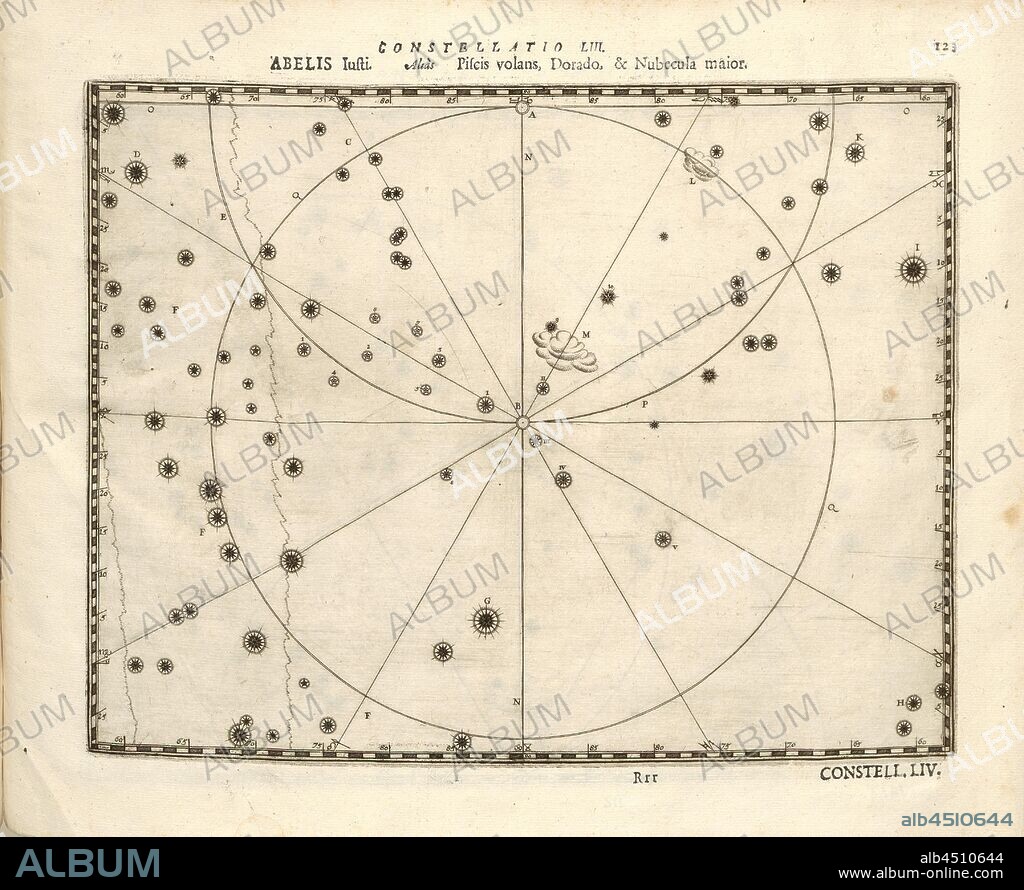 Piscis volans, Dorado & Nubecula maior, Constellation Flying Fish, Swordfish, Large Cloud, Constellatio LIII, p. 123, Bayer, Johann; Schecks, Kaspar, 1627, Julius Schiller, Johann Bayer, Kaspar Schecks: Coelum stellatum christianum convexum (...). Augustae Vindelicorum [Augsburg]: praelo Andreae Apergeri, 1627.