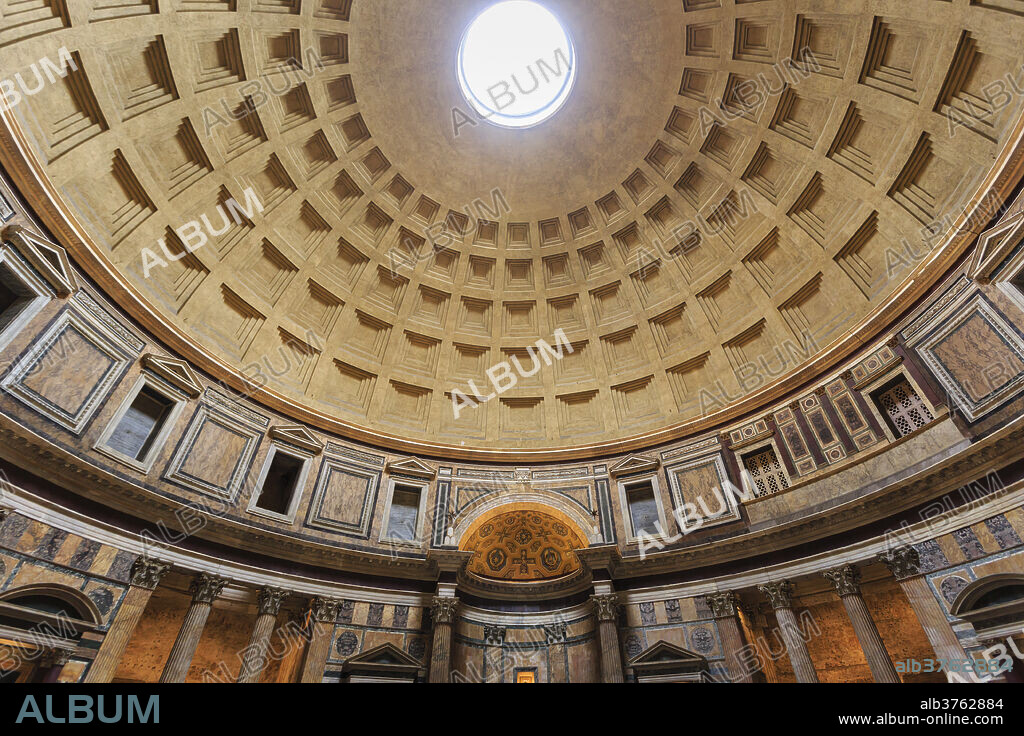 Pantheon interior concrete dome, Roman Temple, now church, Historic Centre, Rome, UNESCO World Heritage Site, Lazio, Italy, Europe.
