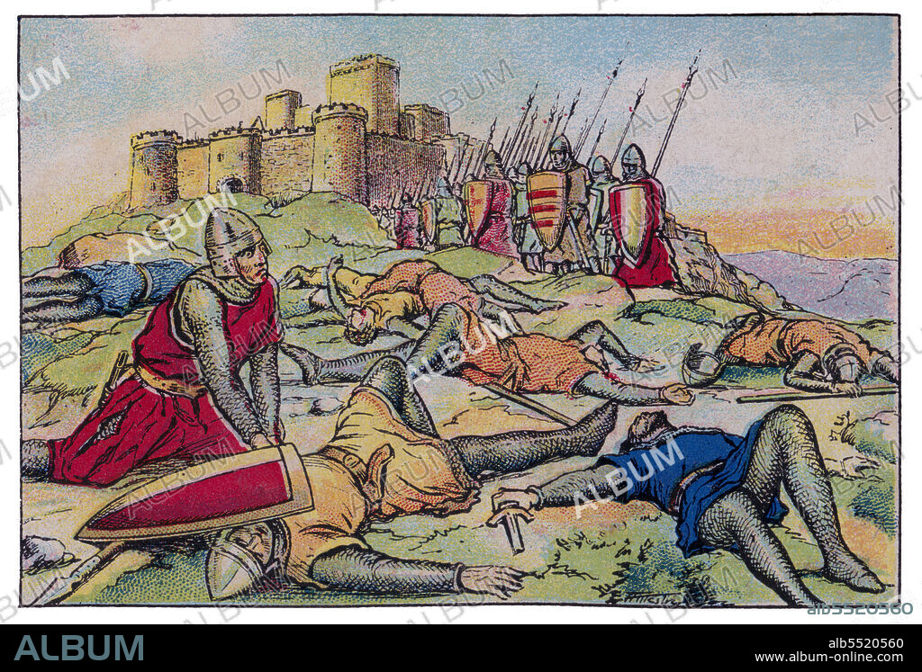 ALBERT MESTRE MORAGAS. Historia de Catalunya. Rendición del castillo de Llers tras la ocupación del Empordá por los franceses; Carles de Valois (1270-1325) fue investido como Rey de Aragón por el legado del Papa Martín IV en 1284, aunque jamás pudo ocupar el trono. Cromo de Xacolata Juncosa. Año 1932.