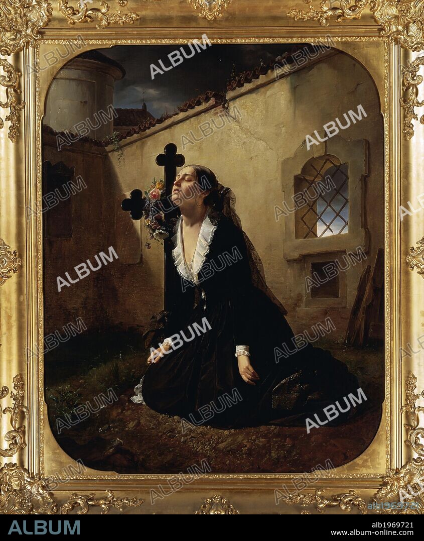 Lamenting the loss of a loved one or The wife of Colonel Manara at the grave of her husband, by Giuseppe Molteni (1800-1867), oil on canvas, 156x123 cm. Ducal Castle of Aglie', Turin, Italy.