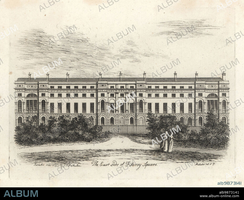 East side of Fitzroy Square, London, 1807. Neo-classical houses fronted in Portland stone built by the architect Robert Adam in 1798. Copperplate drawn and engraved by James Peller Malcolm from his Anecdotes of the Manners and Customs of London during the 18th Century, Longman, Hurst, London, 1808. Malcolm (1767-1815) was an American-English topographer and engraver, Fellow of the Society of Antiquaries.