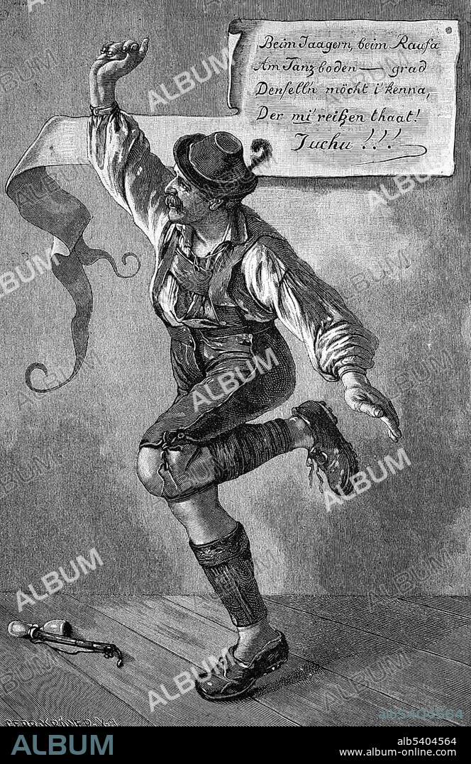 Schuhplattler, a traditional Austro-Bavarian folk dance, Germany, historical engraving, about 1888