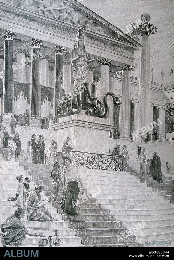 Engraving depicting the Temple of Artemis a Greek temple dedicated to the goddess Artemis.