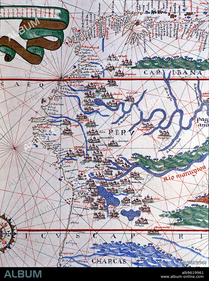 Atlas of Joan Martines, Messina, 1582. Portulan chart of the West Coast of America (Peru, Ecuador and Colombia).