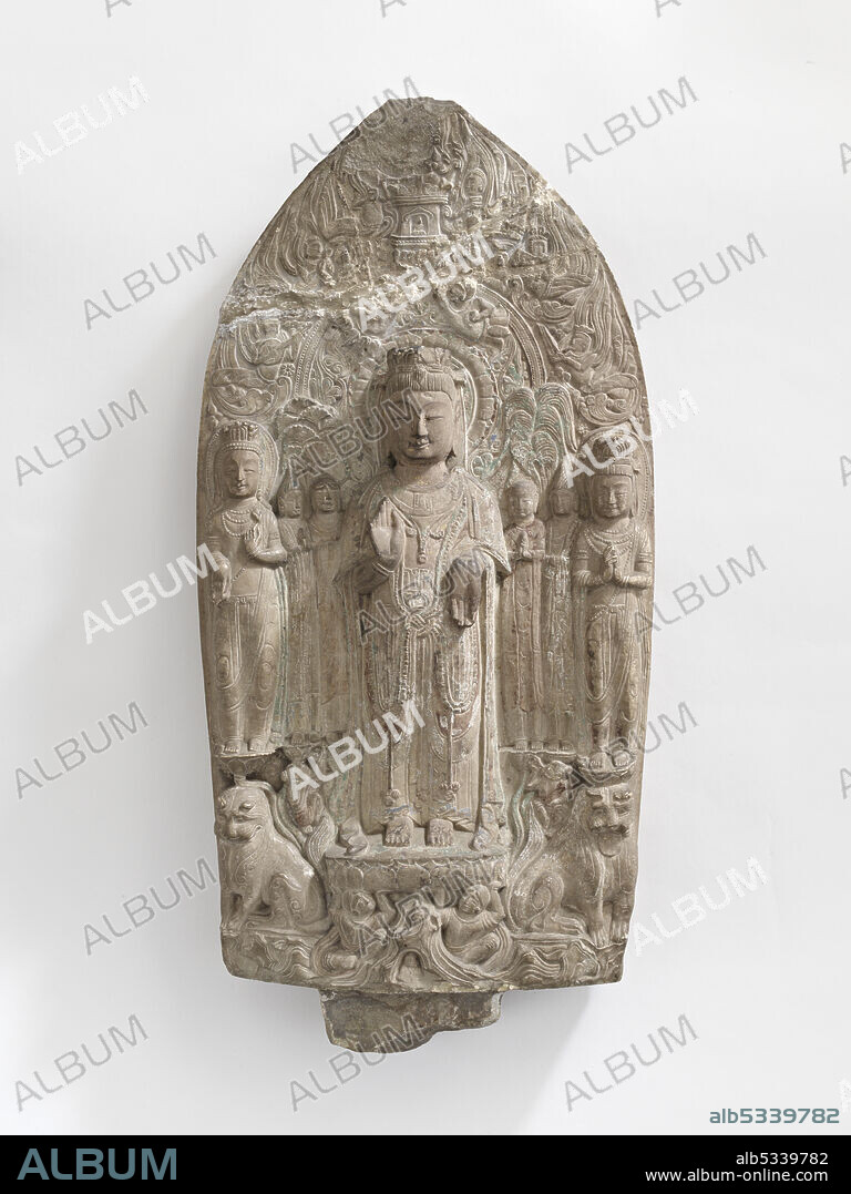 Standing bodhisattvas with monks, Pratyekabuddhas, lions, and apasaras, Period of Division, 557-581.