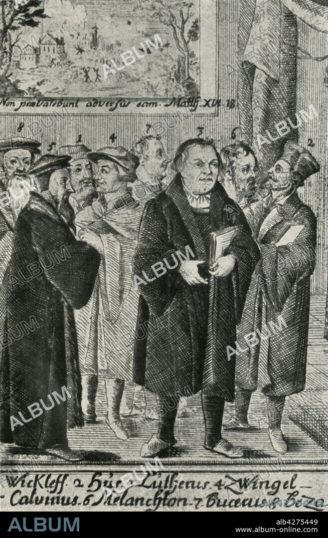 'The Reformers', 16th century, (1947). European reformist theologians: John Wycliffe, Jan Hus, Martin Luther, Huldrych Zwingli, John Calvin, Philipp Melanchthon, Martin Bucer and Theodore Beza. From "History of Czechoslovakia in Outline" by J. V. Polisensky. [Sphinx Publishers Ltd, Prague, 1947].