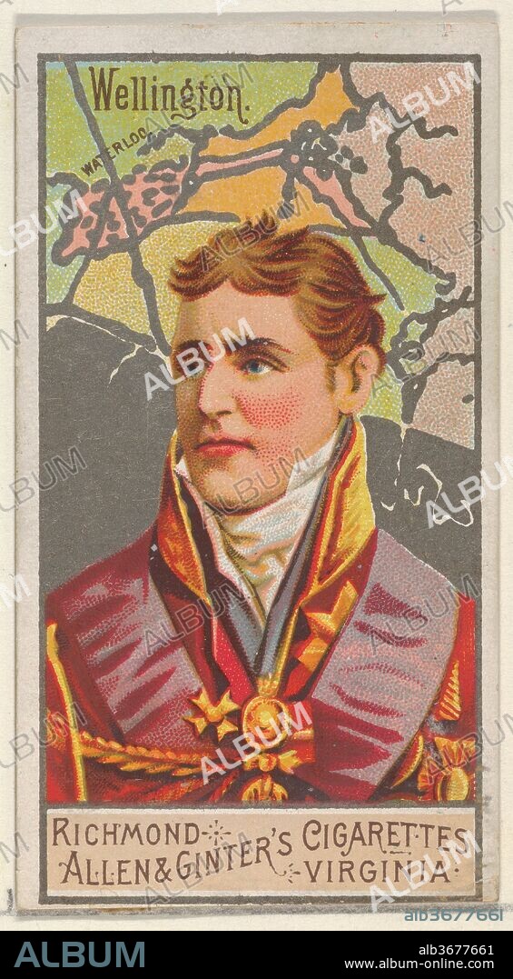 Arthur Wellesley, 1st Duke of Wellington, from the Great Generals series (N15) for Allen & Ginter Cigarettes Brands. Dimensions: Sheet: 2 3/4 x 1 1/2 in. (7 x 3.8 cm). Lithographer: George S. Harris & Sons (American, Philadelphia). Publisher: Allen & Ginter (American, Richmond, Virginia). Date: 1888.
Trade cards from the "Great Generals" series (N15), issued in 1888 in a set of 50 cards to promote Allen & Ginter brand cigarettes.