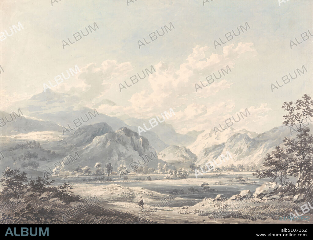 Cumberland Landscape, Edward Dayes, 17631804, British, undated, Gray wash, blue wash, and graphite, with scraping out on medium, smooth, cream laid paper, Sheet: 10 7/8 x 15 inches (27.6 x 38.1 cm), clouds, lake, landscape, mountains, trees, Cumberland, Cumbria, England, Europe, United Kingdom.