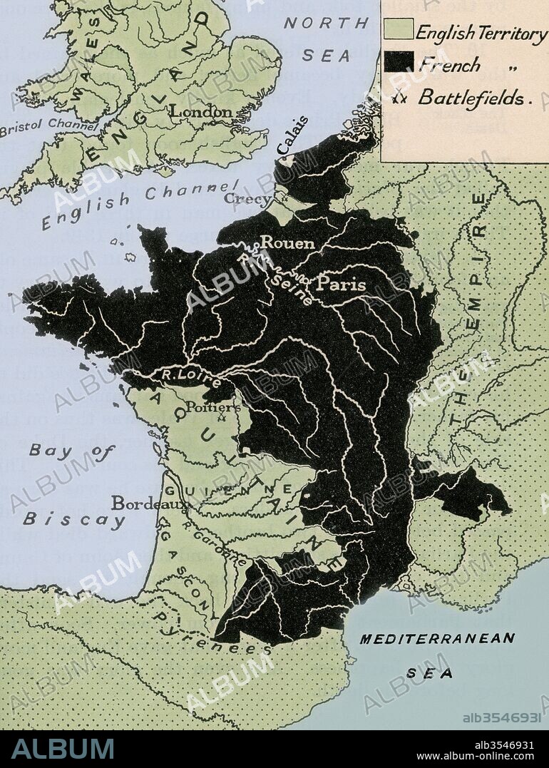 Map showing the English dominions in France after the Treaty of Calais in 1360. From A First Book of British History published 1925.