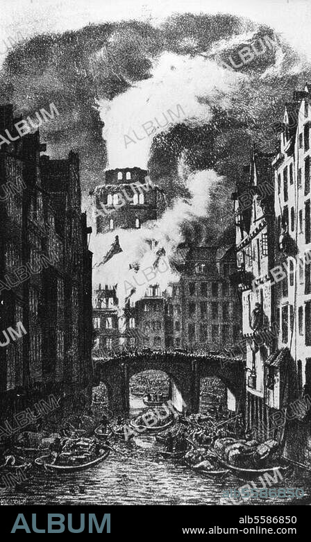 Hamburg. Der große Brand von Hamburg, 5.-8. Mai 1842: Blick vom Reichenstraßenfleth auf die brennende Nikolaikirche nach dem zweiten Einsturz am Nachmittag des 5. Mai. Lithographie nach Zeichnung von Otto Speckter (1807-1871).