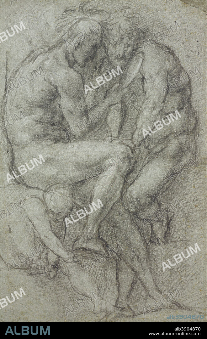 JACOPO CARUCCI. Studies of nudes (two men, seated, looking in a mirror, and a seated boy). Date/Period: 1515/1520. Width: 272 mm. Height: 422 mm (Complete).
