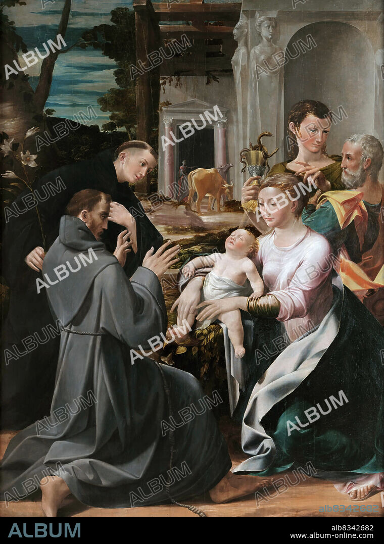 GIROLAMO MAZZOLA BEDOLI. The Virgin and Child with Saint Joseph adored by Saints Anthony of Padua, Francis of Assisi and John the Evangelist.