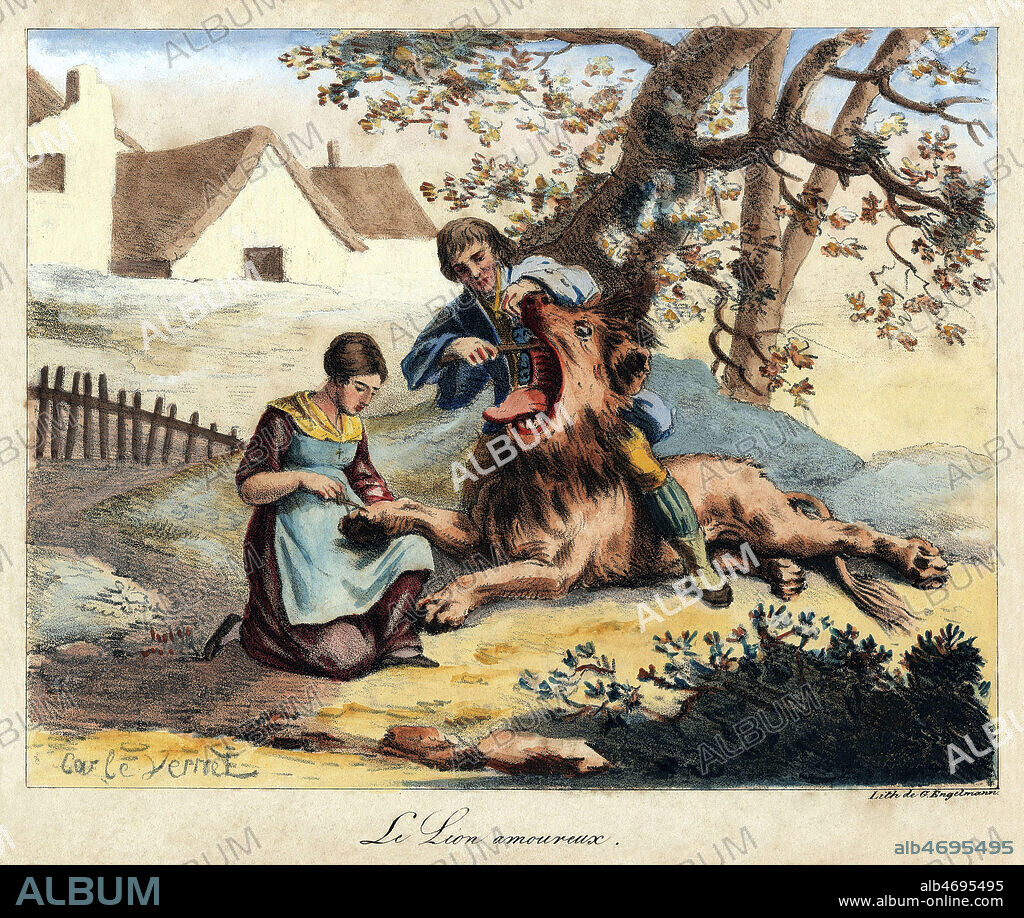 Le lion amoureux (se faisant limer les dents et rogner les griffes). Illustration vers 1820 par Carle VERNET (1758-1836) pour une fable de Jean de LA FONTAINE (1621-1695). Collection Jonas/Kharbine-Tapabor.