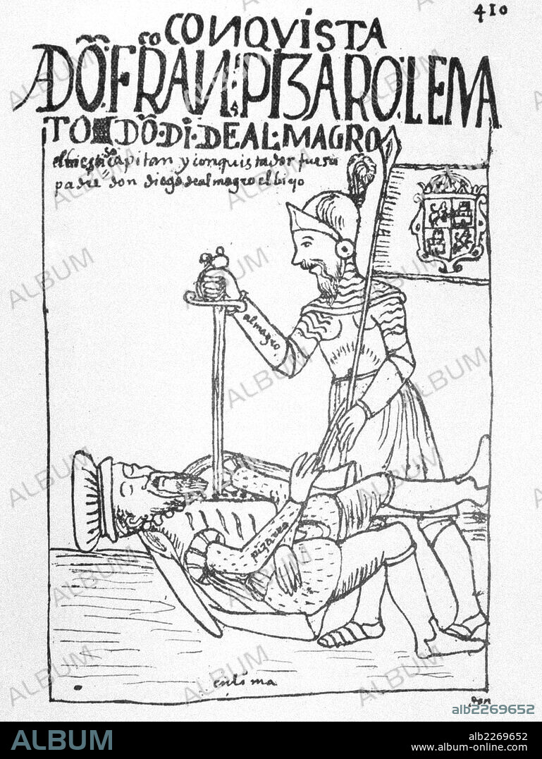 FELIPE HUAMAN POMA DE AYALA. CRONISTA INDIGENA DEL VIRREINATO DEL PERU.1534-1615. ILUSTRACION DE SU OBRA , " NUEVA CRONICA Y BUEN GOBIERNO ". BIBLIOTECA DEL INSTITUTO DE COOPERACION IBEROAMERICANA. MADRID. MUERTE DE FRANCISCO PIZARRO A MANOS DE DIEGO DE ALMAGRO.