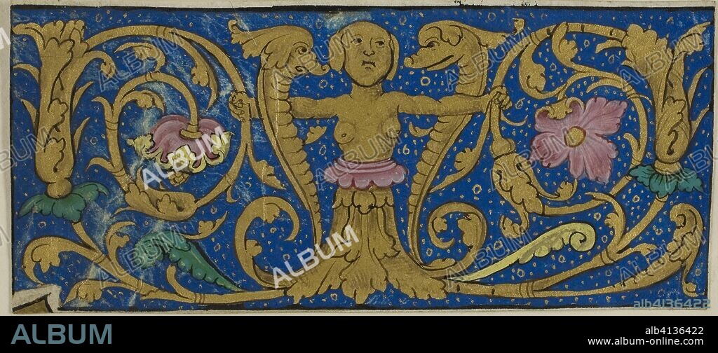 Illuminated Border with Grotesques and Flora from a Manuscript. French. Date: 1401-1530. Dimensions: 58 × 129 mm. Manuscript cutting in tempera and gold leaf on vellum. Origin: France.