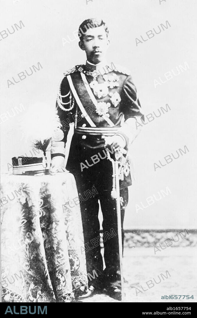 Emperor Taisho (1879-1926) 123rd emperor of Japan 1912-1926. Outside Japan sometimes called Emperor Yoshihito. Full-length portrait of Emperor in military uniform with order and decorations.