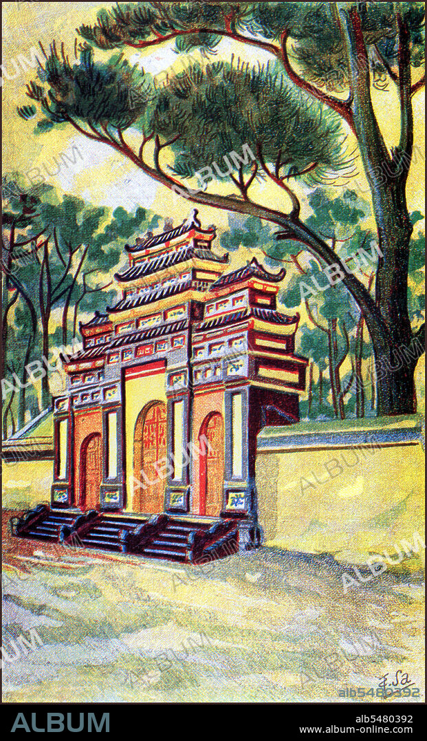 Watercolours of art features in the Forbidden City at Hu?, the imperial capital of Vietnam under the Nguyen Dynasty (1802-1945). The drawing was made for the Association des Amis du Vieux Hue (Association of the Friends of Old Hue) in the 1920s, before the disasters of 1947 and 1968. Today, less than a third of the structures inside the citadel remain. In 1947 the French army shelled the building, and removed or destroyed nearly all the treasures it contained. Most of the buildings in the Forbidden City were destroyed by fire. Further massive destruction occurred when Hue’s Citadel became the symbolic centre of the 1968 Tet Offensive. Major artillery battles were fought when the National Liberation Front and North Vietnamese forces overran Hue. The US forces finally recaptured the citadel 25 days later, but not before shelling the citadel with heavy naval bombardments as well as extensive bombing from the air. The former Imperial City was made a UNESCO World Heritage Site in 1993 and is gradually being restored.