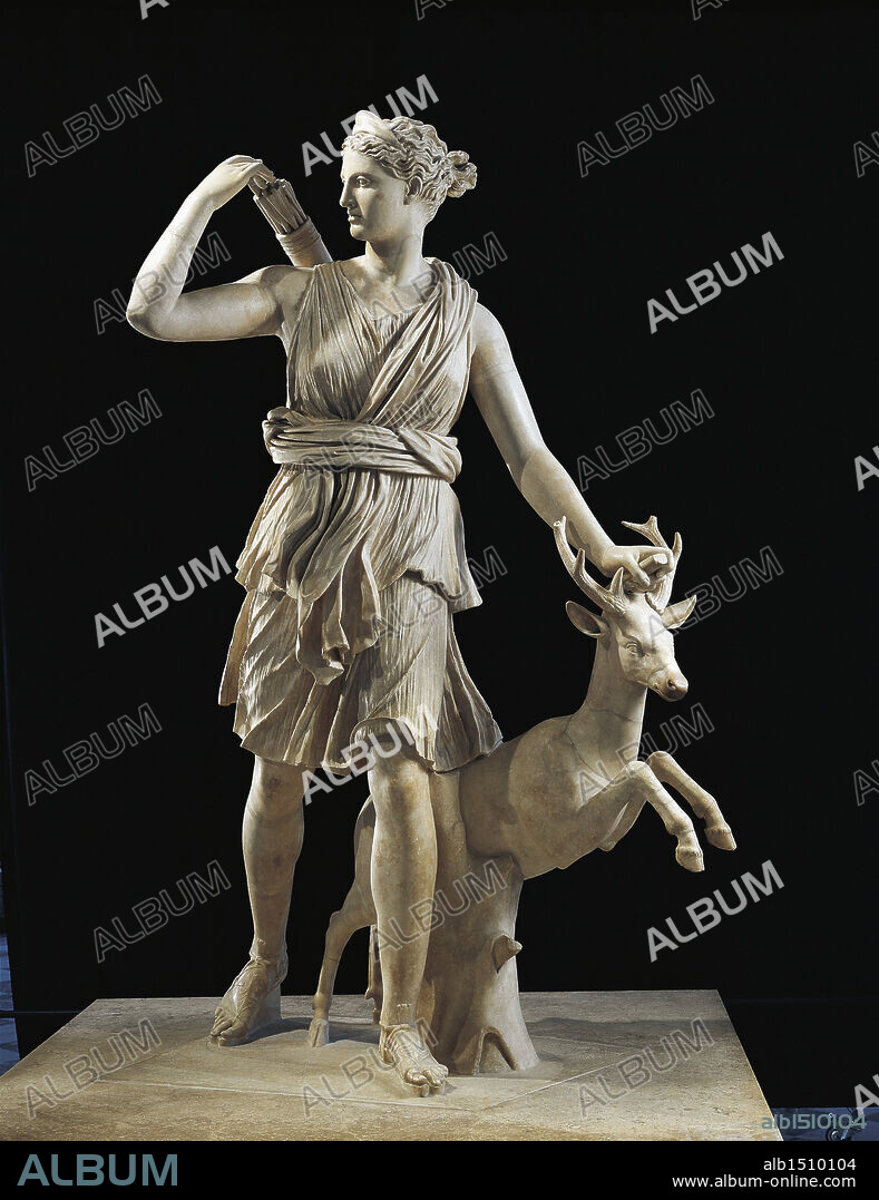 Roman civilization, 1st-2nd century A.D. Diana of Versailles, marble statue of Artemis with a deer.