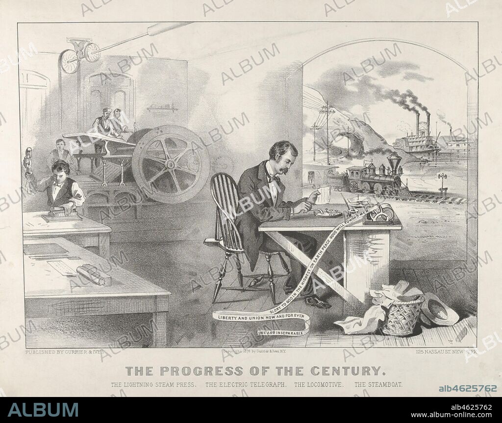 JAMES MERRITT IVES, NATHANIEL CURRIER and CURRIER AND IVES. The Progress of the Century - The Lightning Steam Press. The Electric Telegraph. The Locomotive. The Steamboat., 1876.